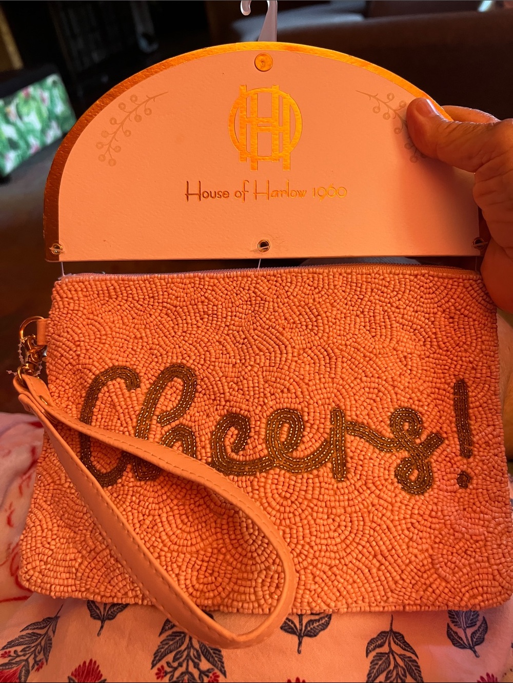 House of Harlow 1960 Peach Beaded "Cheers!" Wristlet Clutch